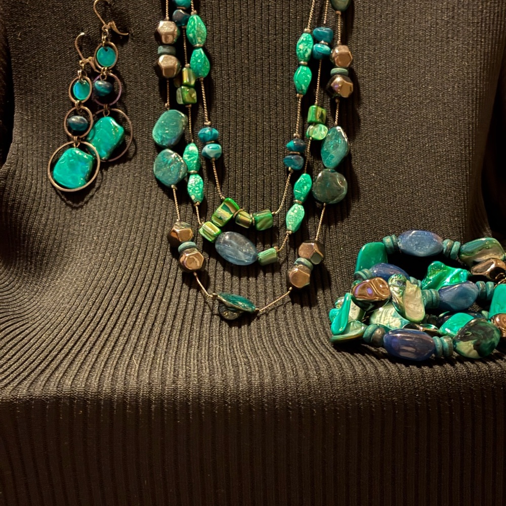 Blue-Green Multi-Strand Beaded Necklace & Earring Set - Women Jewelry